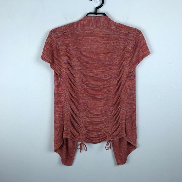 Cache Cardigan Sweater M Orange Pink Metallic Ruched Back Short Sleeve Striped - Picture 7 of 8